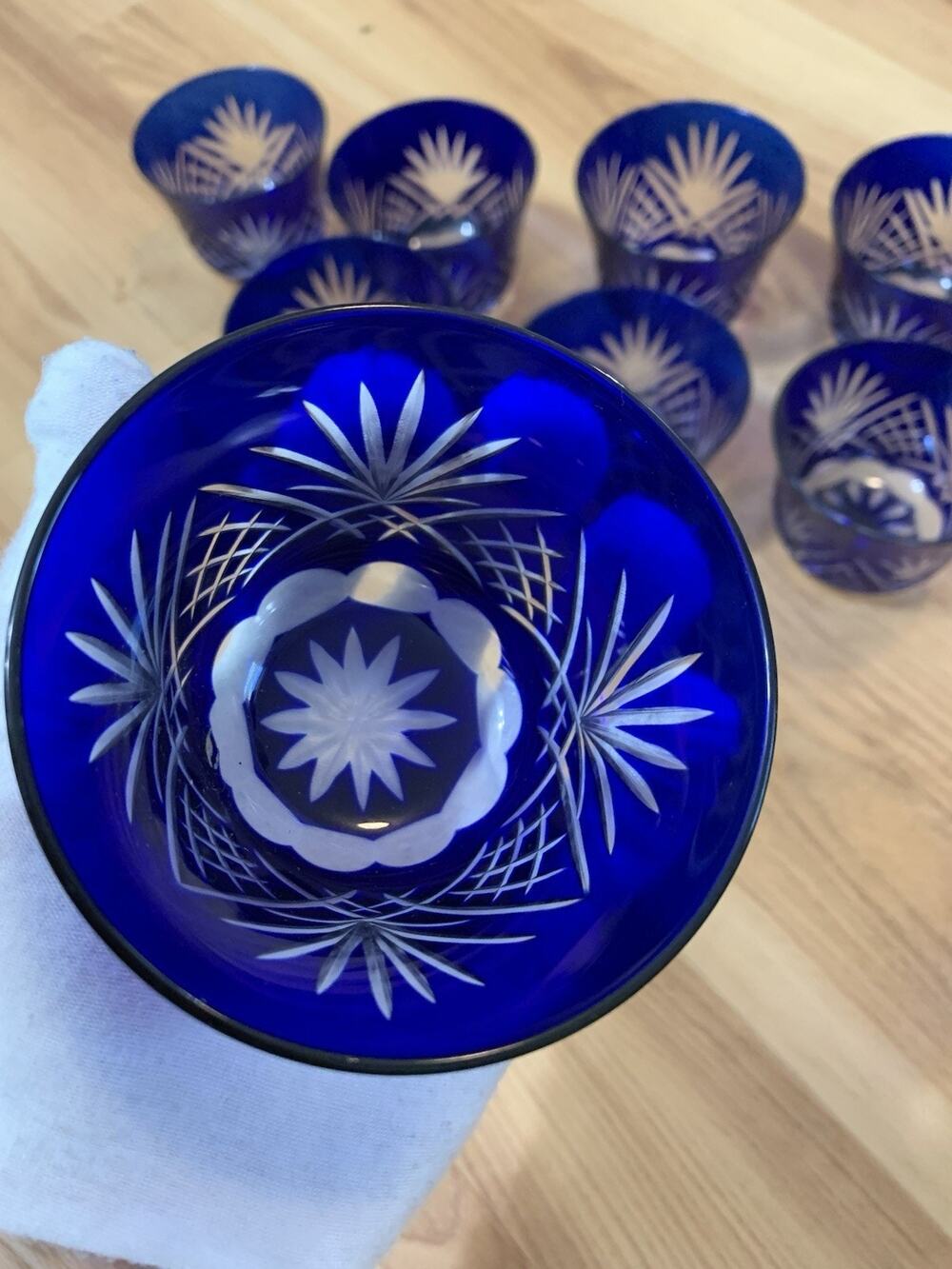 SET OF 8 Cobalt Blue Cut Glass Cups Japanese Kiriko Style Starburst